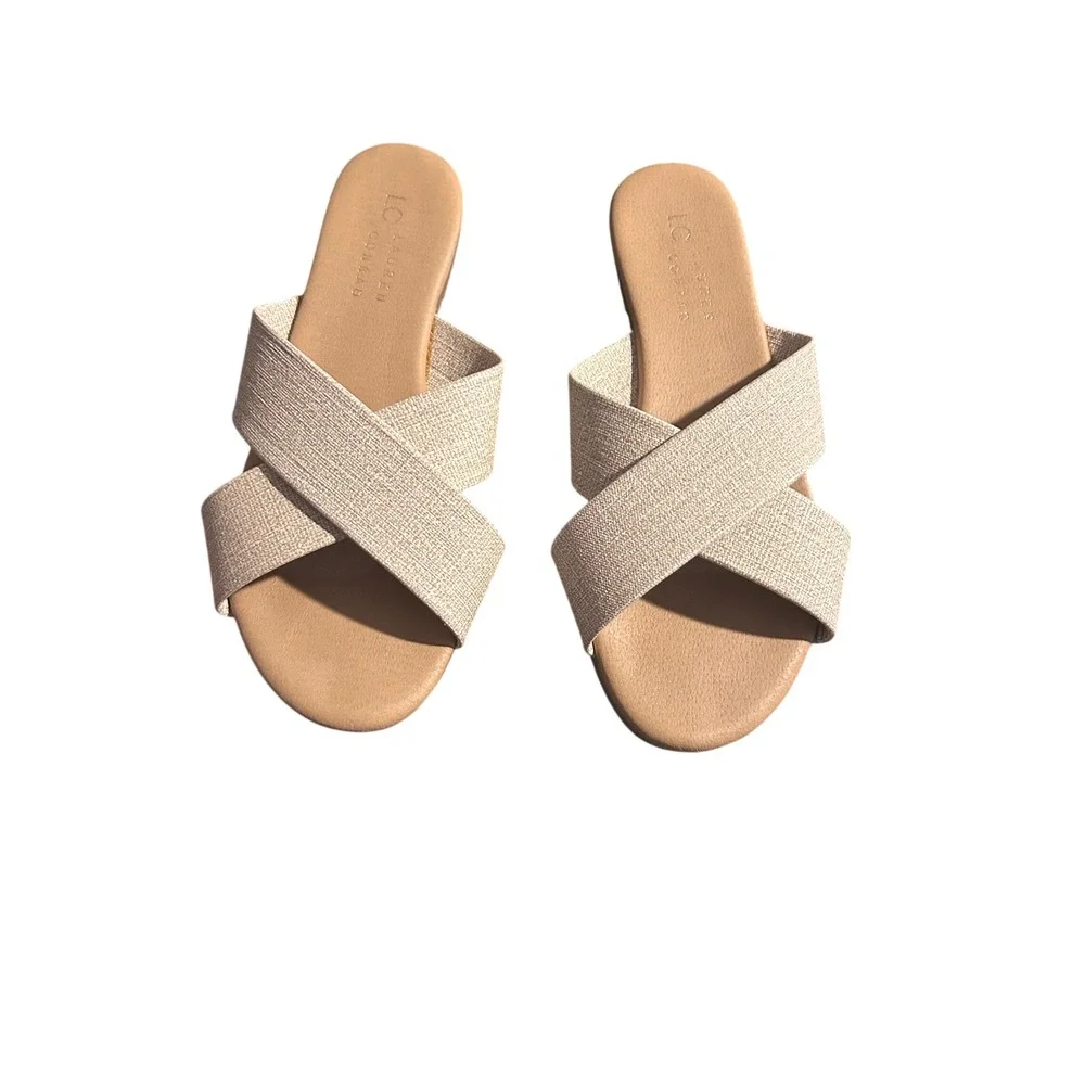LC Lauren Conrad Azeret Natural Crisscross Slide Sandals Tan Neutral Womens 7